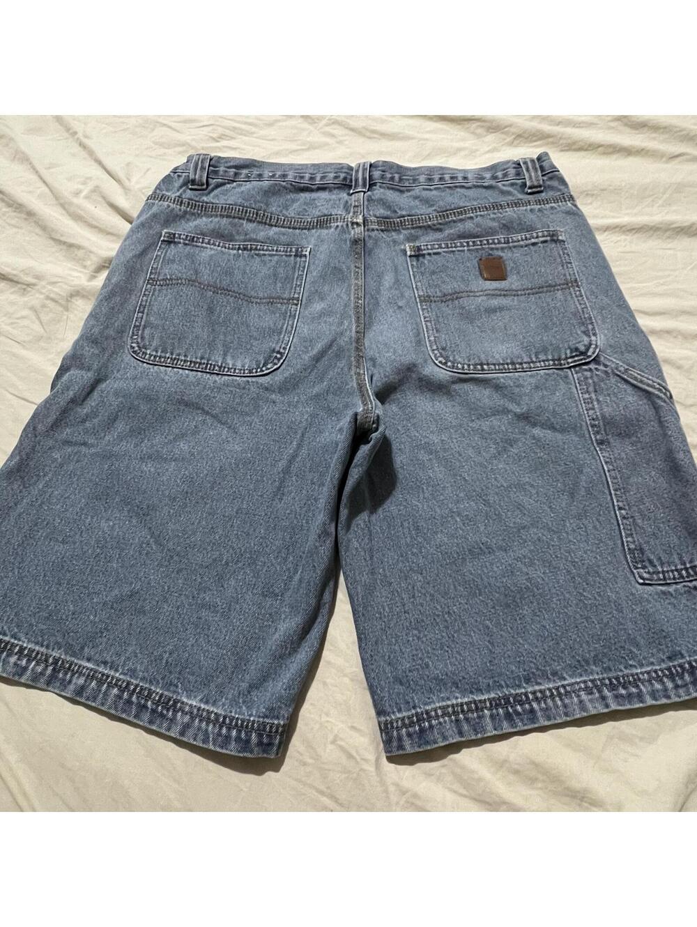 Stanley Carpenter Workwear Utility logo Patch Denim Shorts 35x11 tag 36 baggy